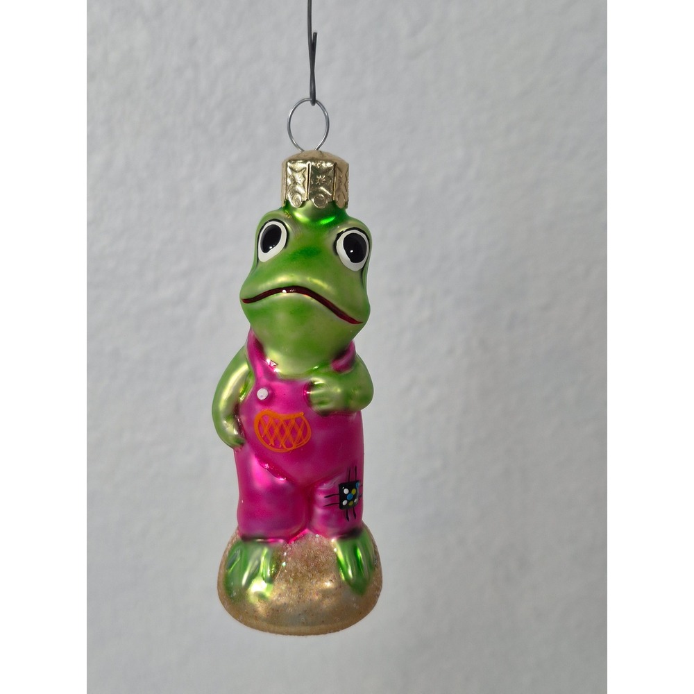 Christopher Radko Froggy Child in Pink Overalls Glass Christmas Ornament